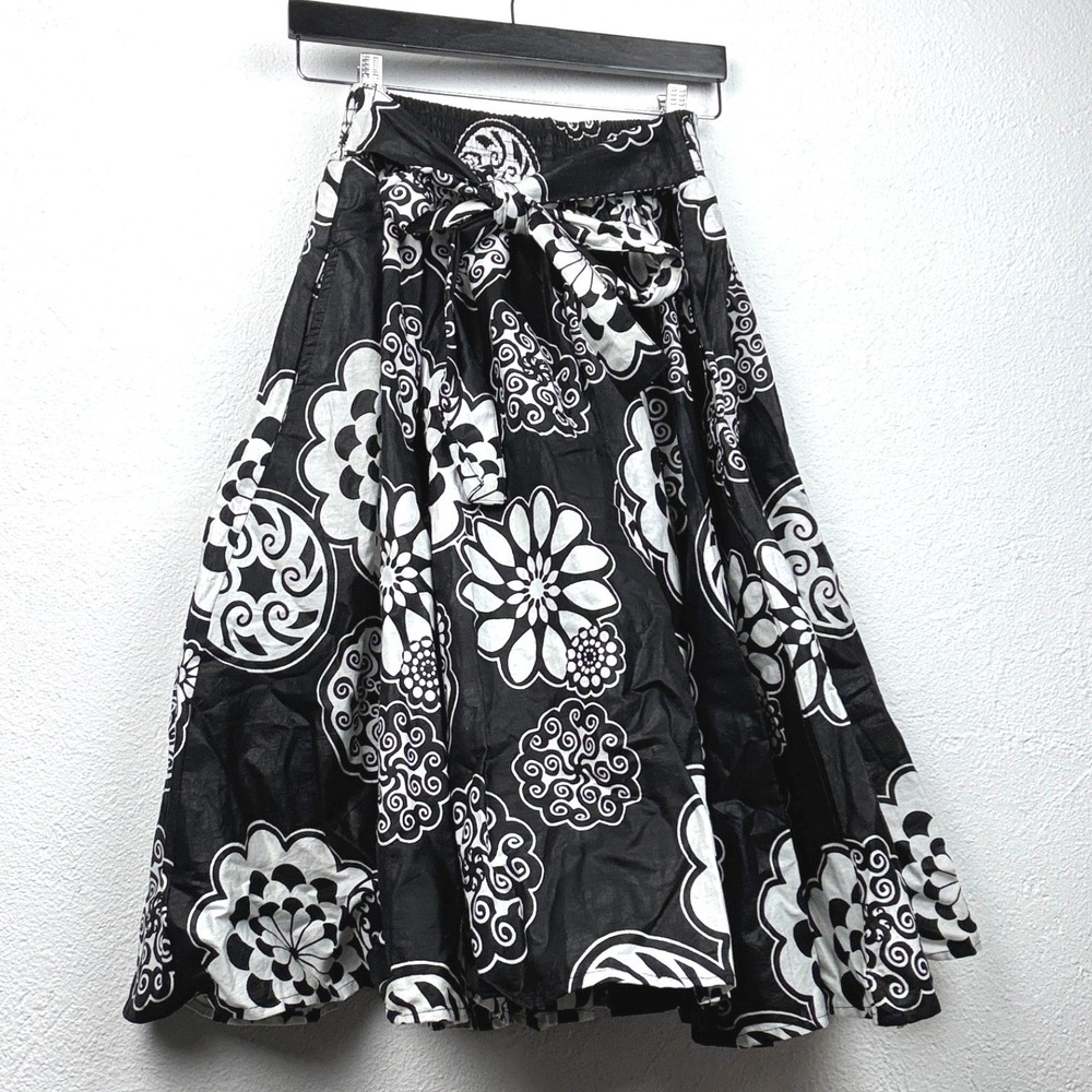 Look At Me Black White Floral Skirt - OS - Cotton Boho A-Line Midi Skirt Tie